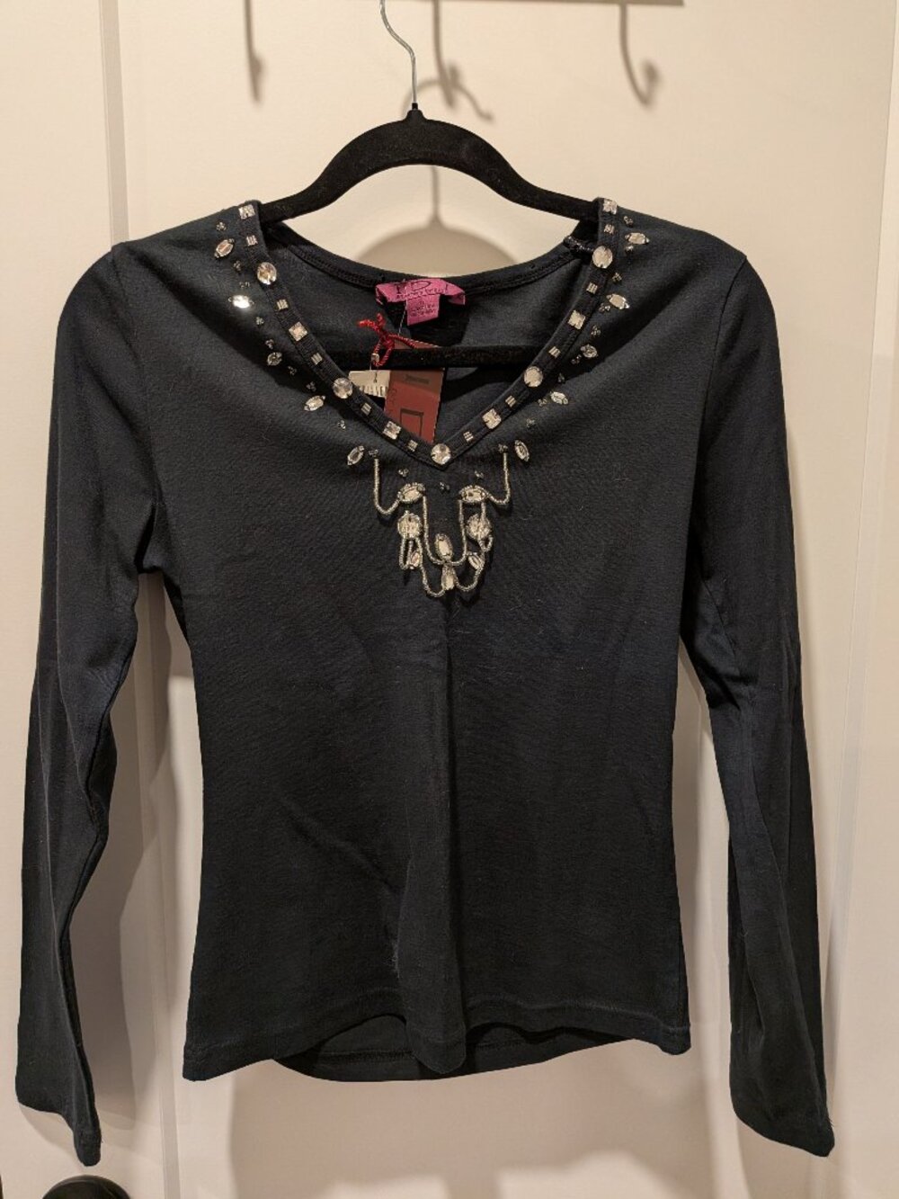 NWT Y2K Black Jewelled Beaded V-Neck Long Sleeve Top IDI by Matthew Size M